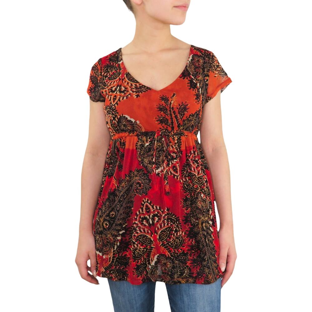 Axcess Y2K Orange Red Retro Floral Paisley Butterfly Babydoll Blouse Small